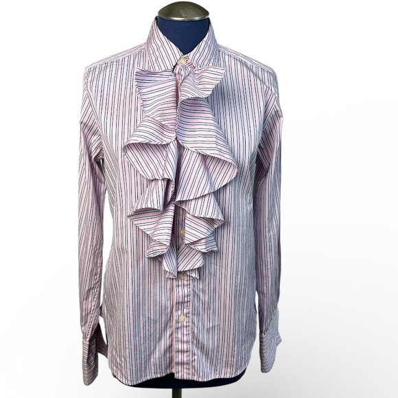 Ralph Lauren Ruffled Button Down Striped Blouse Size 12 100% Cotton - Picture 2 of 7